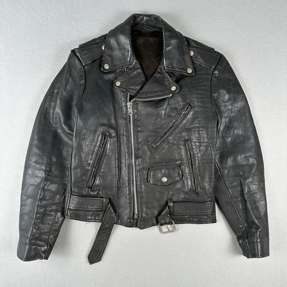 Vintage 60s 70s Leather Motorcycle Jacket Men's 40 Black Unlined Belted Biker